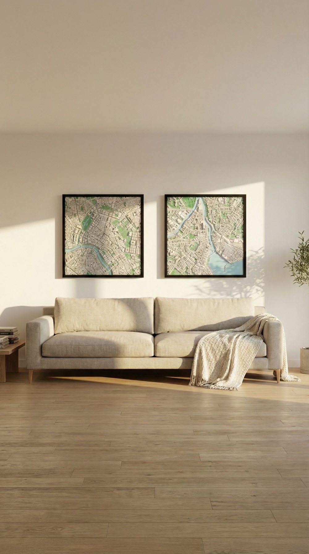 Two framed 3D city models above a sofa in a bright living room