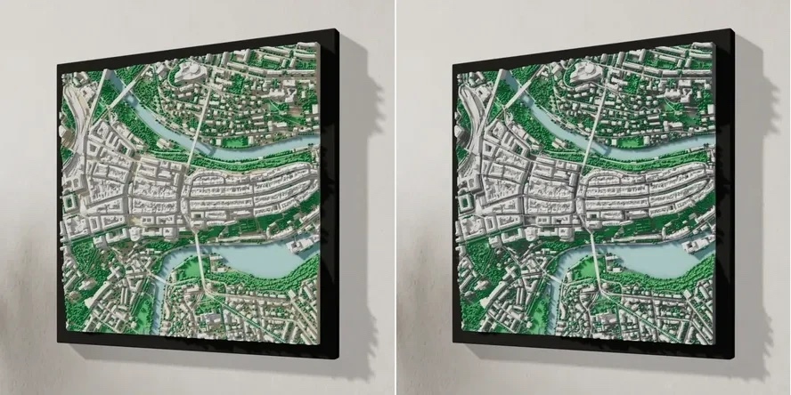 The same city model in Pastel (left) and Granite (right)