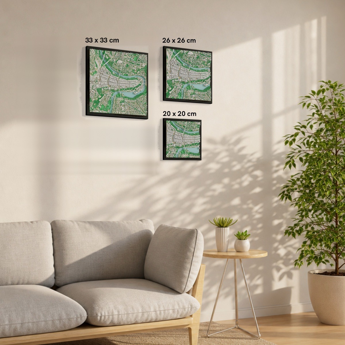 20, 26 and 33 cm models side by side on a wall